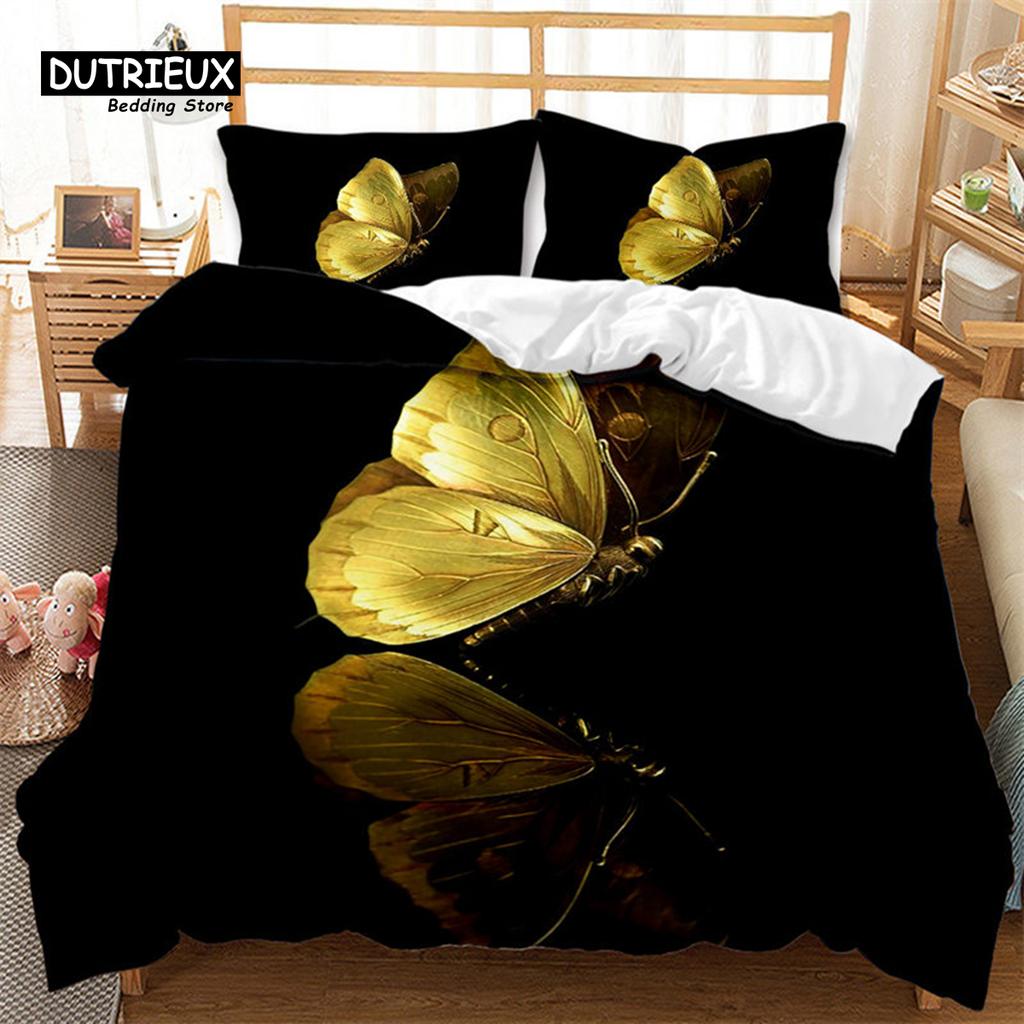 Comforter Golden Butterfly And Floral Bedding Set Queen Print Black For Kids Girls Boys Adults Bedroom Decor