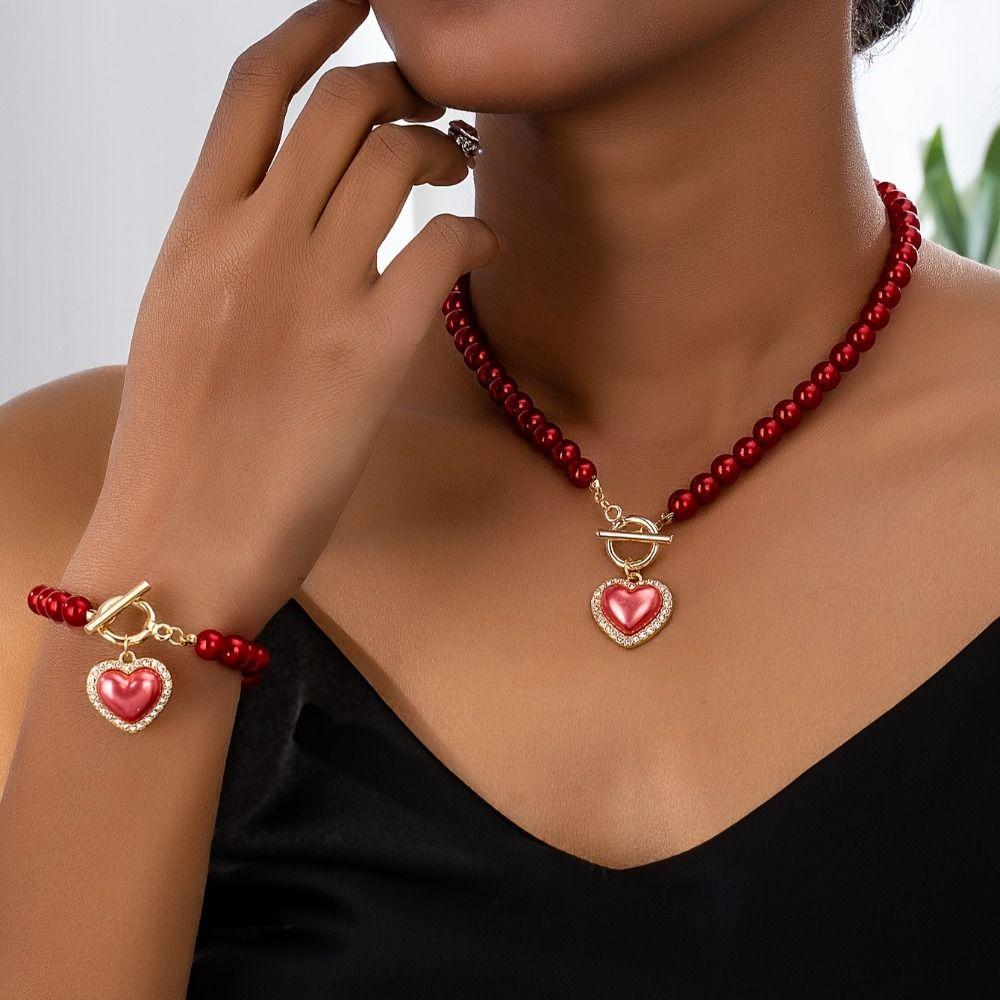 Beaded Heart Pendant Jewelry Set Crystal Pearl Necklace Set Necklace Bracelet Set  Wedding Party