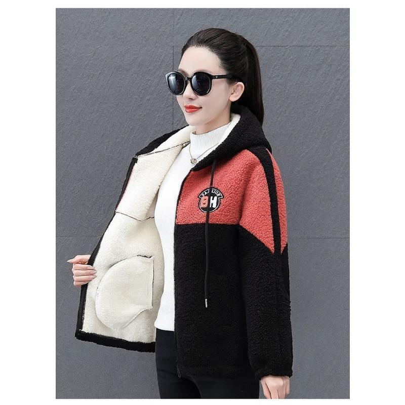 

Осень и Зима Кардиган Толстовка с Карманами на Молнии Контрастного Цвета Женская Мода Теплая Куртка из Шерпы XL красный