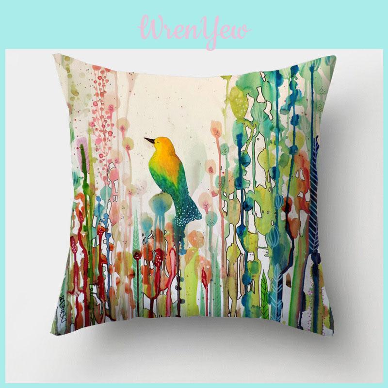 Elegant Watercolor Bird Flower Pillow Case In Cotton Linen For Cozy Sofa Decor