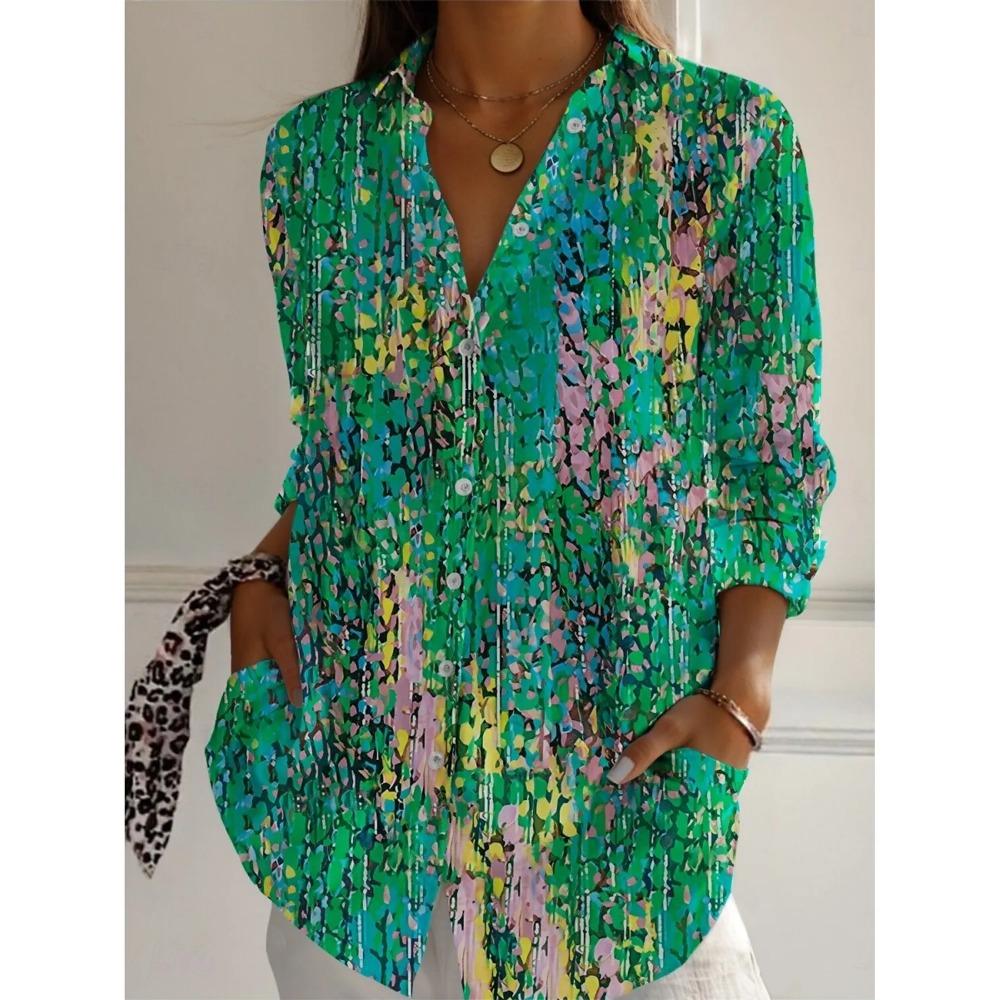 Damenbluse Geblümt Gestreift Stilvoll Bluse Reverskragen Oberteile Mode Damen Langarmshirt Damenbekleidung Streetwear Blusen