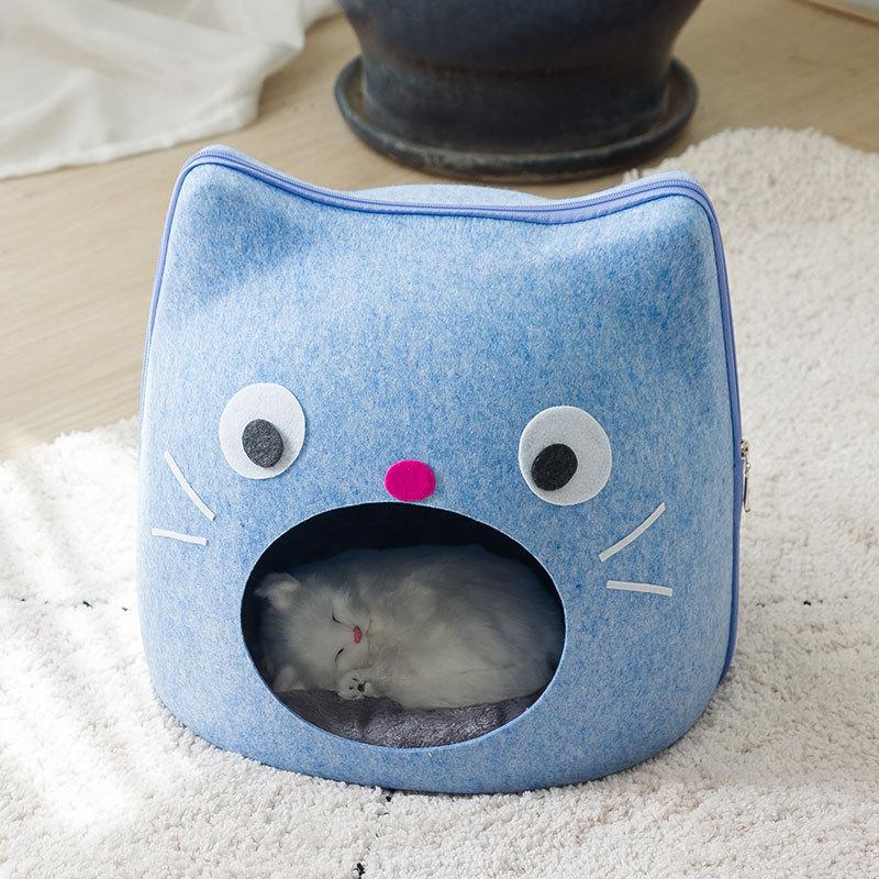 Cute Felt Cat Shape Bed Cats Semi Enclosed House for Cats Cartoon Sturdy and Non Collapsing Puppy Kitten Bed Pet Supplies Gifts