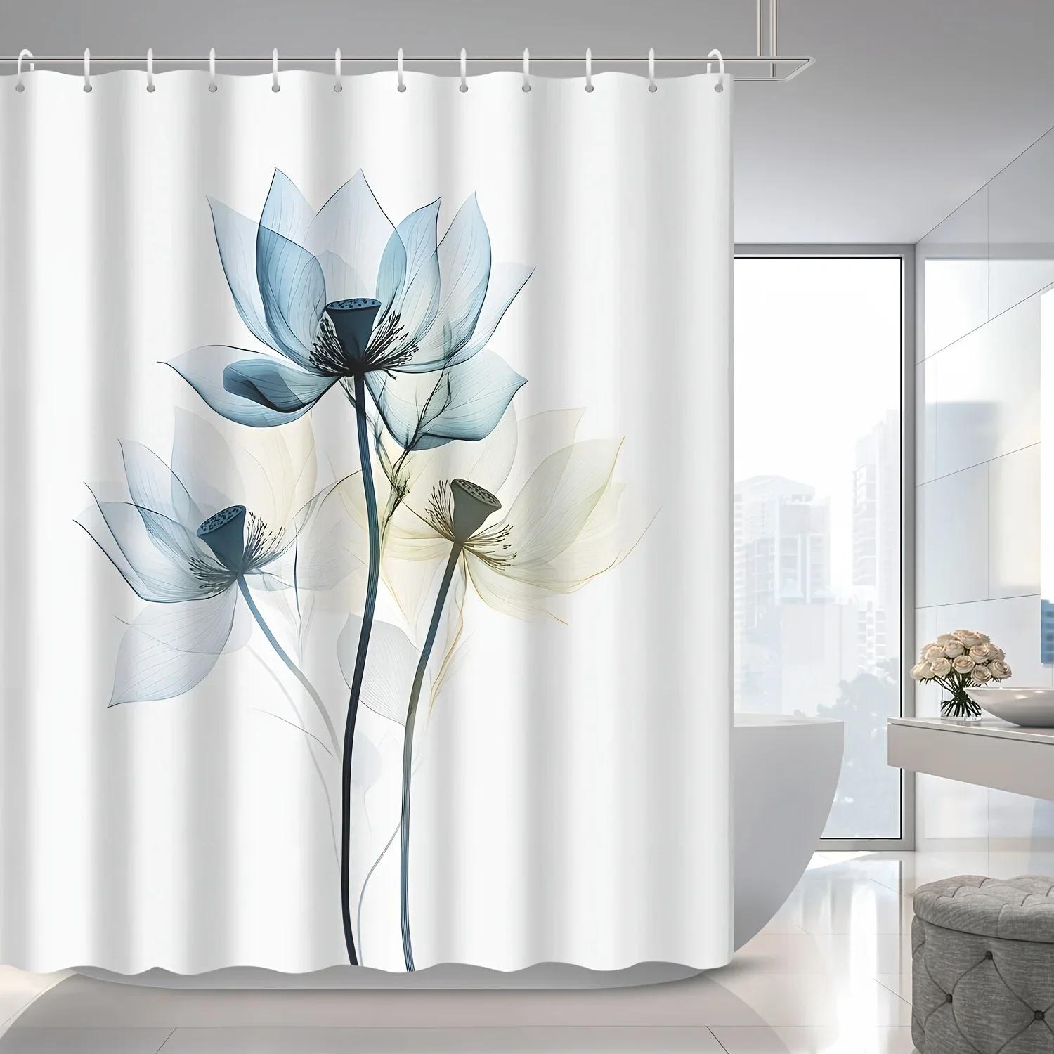 

1pc Modern Art Painting Lotus Shower Curtain Partition Curtain, 12 Hooks Shower Curtain, Home Decoration, Bathroom Accessories 150x180cm