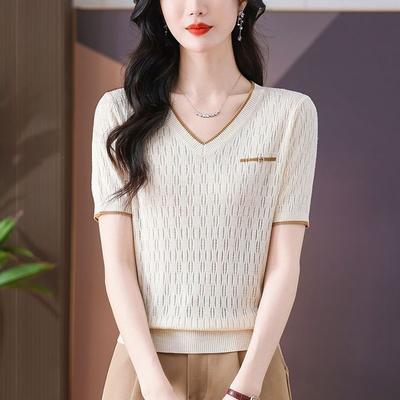 New Summer Women's V-neck Short-sleeved Loose T-shirt Knitted Sweater Hollow Thin Fashion Top