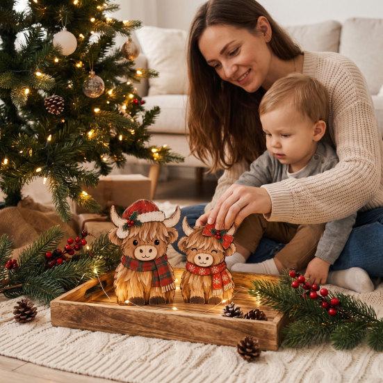 Rustic Christmas Table Centerpieces 2Pcs Highland Cow Ornament Set, Decorative Wooden Tabletop Farmhouse Tiered Tray Decor Figurine for Holiday