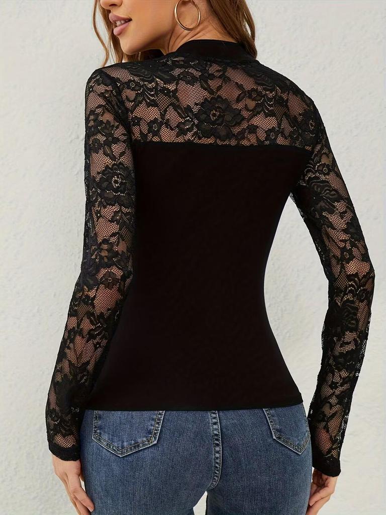 2025 Autumn/Winter Lace Patchwork Long Sleeve Stand Collar Women's T-shirt