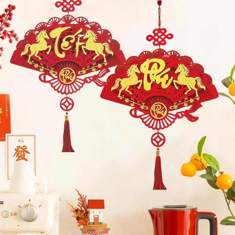 1PC Blessing Good Fortune Vietnamese Luck Red Lunar New Year Hangable Decor Fan Ornament Vietnamese Letters Tassels