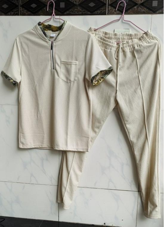 Men's Waffle Knit Stand Collar Zip Color Block Sports Set - Short Sleeves & Long Pants (2026)