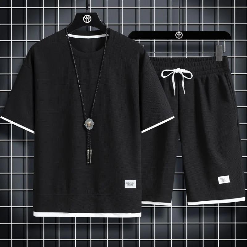 Ice Silk Waffle Sports Set: Loose Half-Sleeve T-Shirt & Half-Pants for Summer Leisure