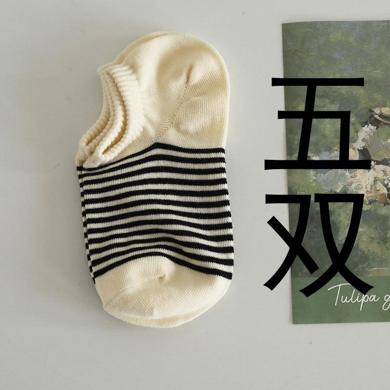5 Pairs Of Summer Low-Top Boat Socks Shallow Retro Cotton Socks Do Not Fall Off With Korean Striped Invisible Socks