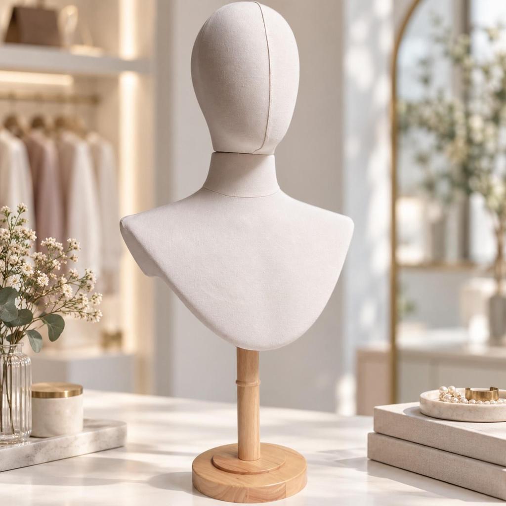 HeadandChest Display Mannequin materialCovered Head with Wooden Base Compact for Boutique