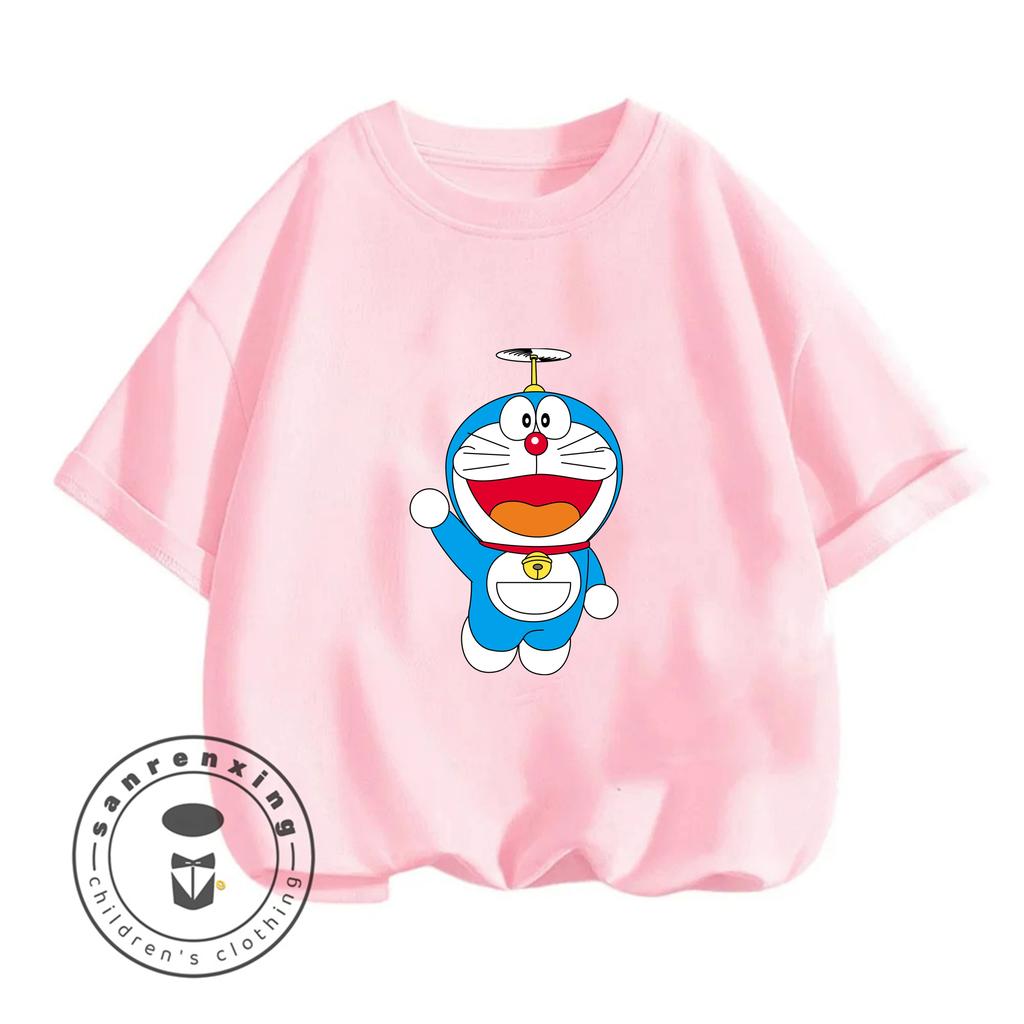 Summer Crew Neck T-shirt for Casual Everyday Wear, Doraemon Cute Cartoon Fashion Street Style