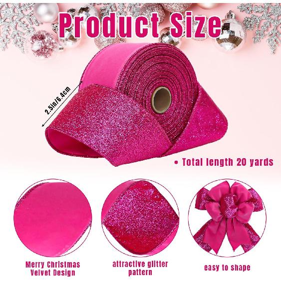 Winter Hot Pink Velvet Wired Edge Ribbon 2.5 Inch 20 Yards Double Sided Christmas Glitter Craft Ribbon for Xmas Tree Bow Wreath Gift Wrap Holiday
