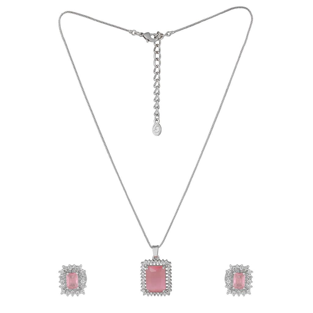 Estele Designer Square Pendant Set with Rhodium Plated CZ and Mint Pink for Women