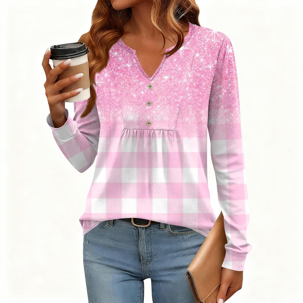 Women's Relaxed,Fit V,Neck Vintage Color,Blocked Floral Print Long,Sleeve Pullover Tee
