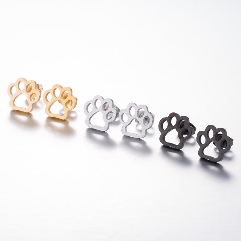 Stainless Steel Bear Paw Footprint Earrings - Unique Design Ear Studs