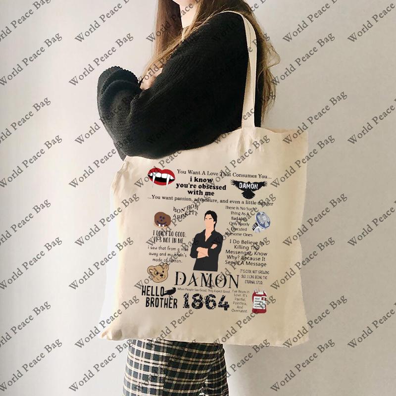 

1pc Vampire Tv Show Tote Bag Vampire Girl Merchandise Tote Bag TVD inspired Gift TV Show Fan Gift pattern Tote Bag Canvas Shou