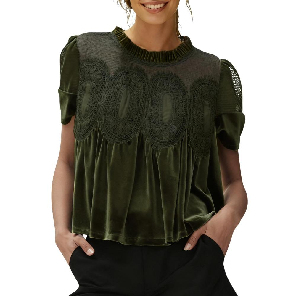 Fashion Net Mesh Embroidered Lace Round-neck Pullover Pure Velvet Loose Top