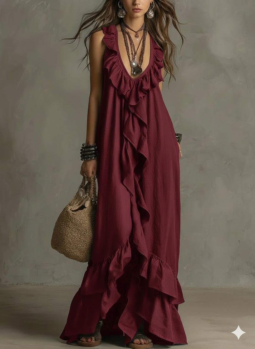 2026 European and American casual bohemian urban V-neck short-sleeved ruffle edge retro dress S