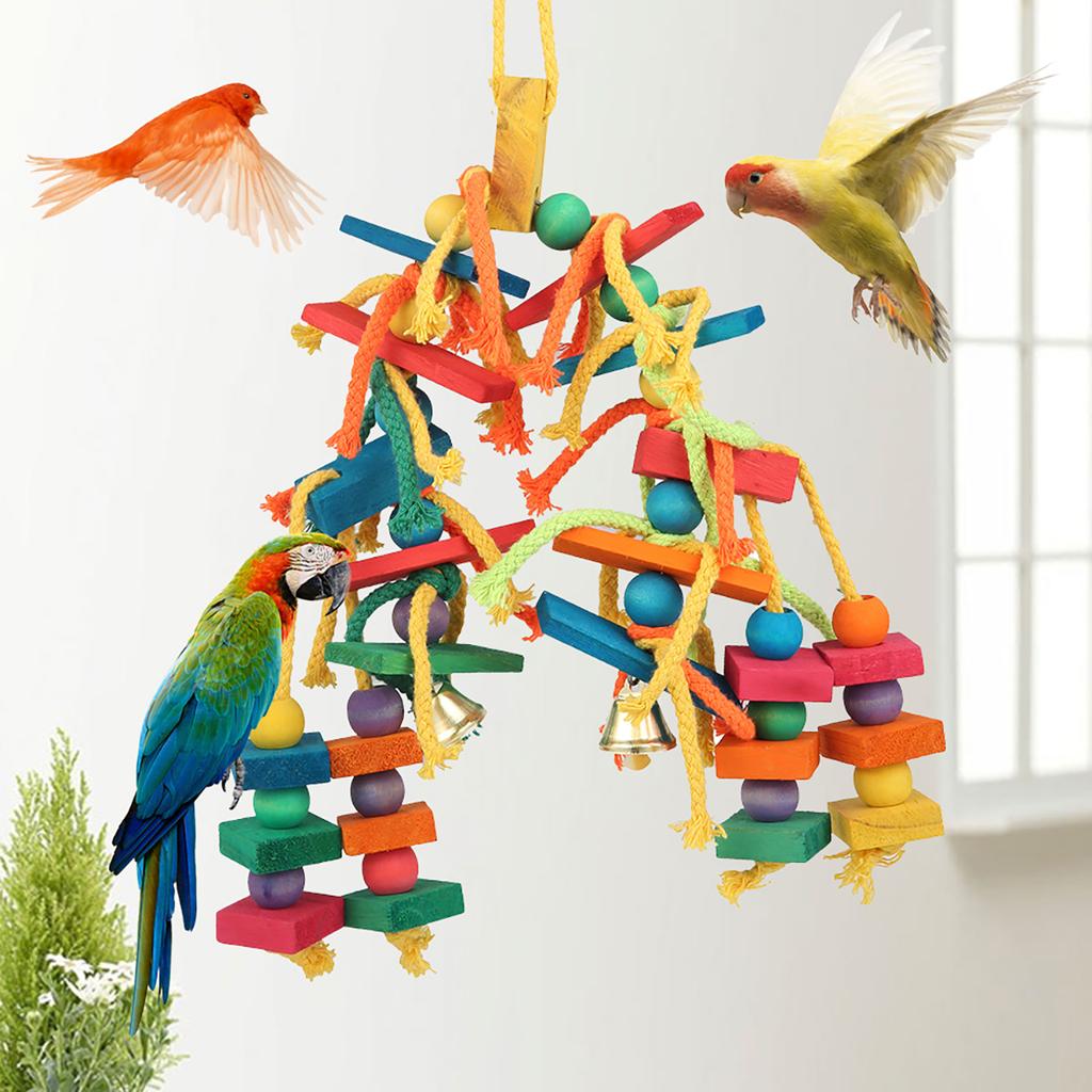 Jouets en Bois Perroquet Oiseau Corde à Suspendre Échelle pour Animaux Multicolore Bois Corde en Coton Jouet à Mâcher pour Oiseaux Entraînement Suspendu Balançoire Fournitures pour Animaux
