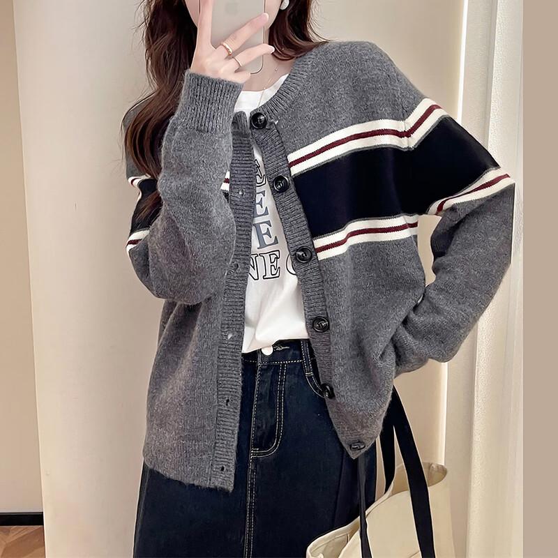 TonLion Damen Lässiger Gestreifter Rundhals-Cardigan