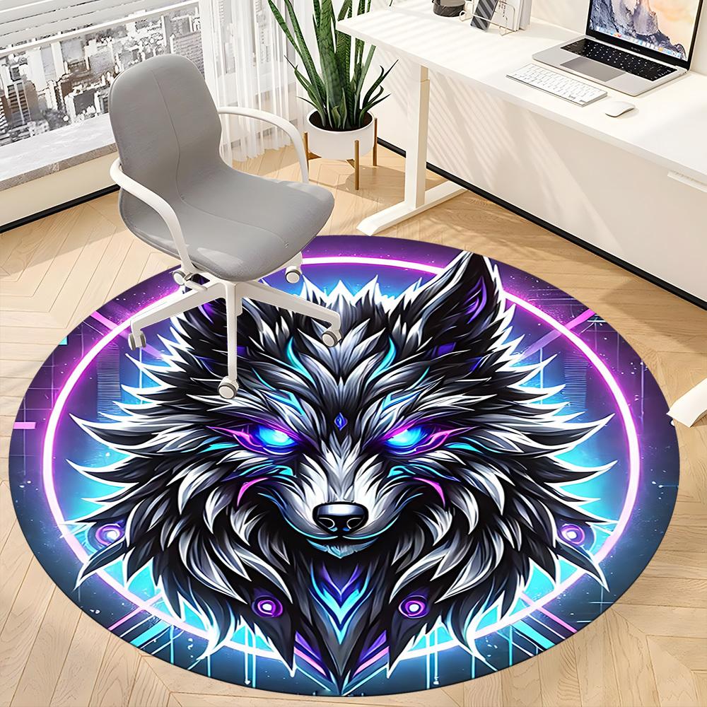 1pc Wolf Neon Office Round Area Rug, Under Office Chairs Bedroom Living Room Home Decor, Room Deco, Available In Various Sizes