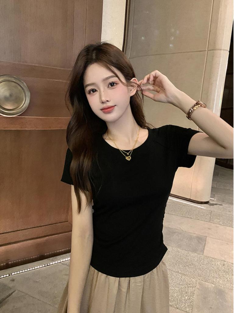 2024 Women's Summer Hot Girl Short-Sleeve Slim Fit T-Shirt with Back Hollow and Pleated Waist Design