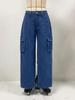 2024 American Retro Women's Mid-Waist Cargo Denim Pants - Casual Straight Leg with Multi-Pockets.