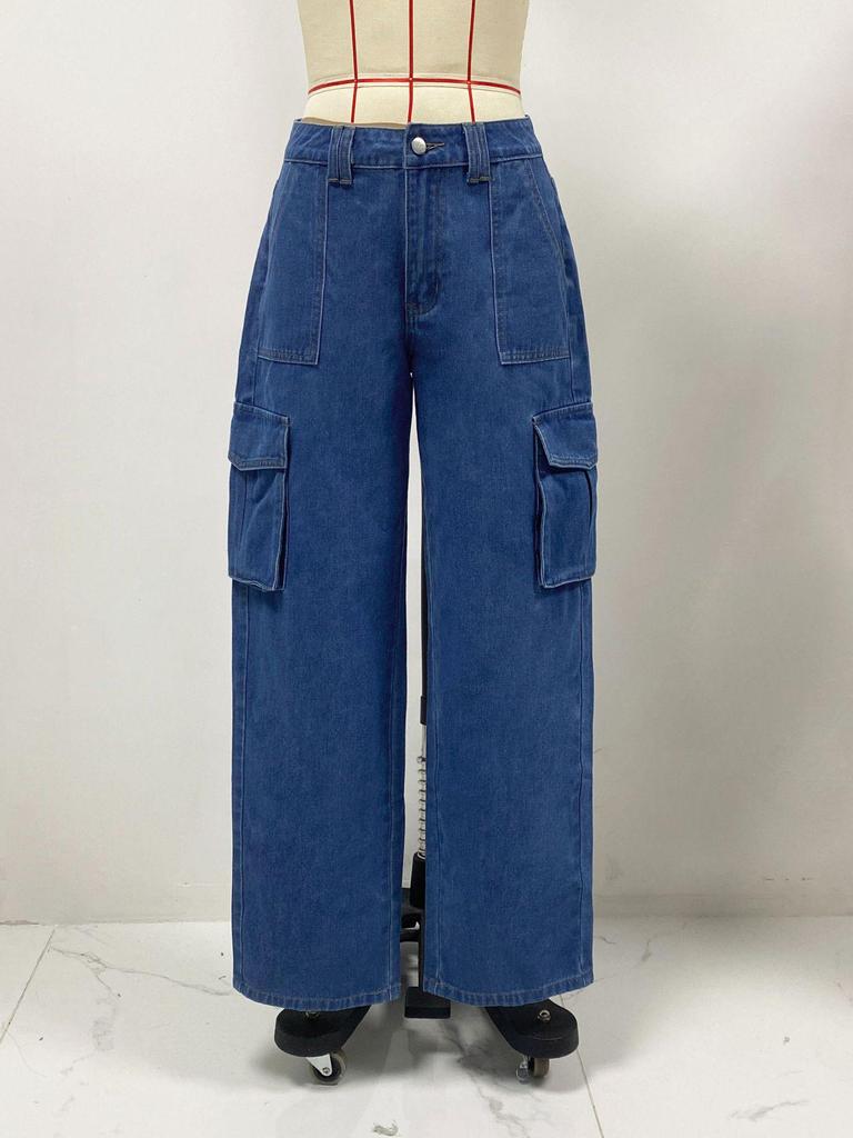 2024 American Retro Women's Mid-Waist Cargo Denim Pants - Casual Straight Leg with Multi-Pockets.