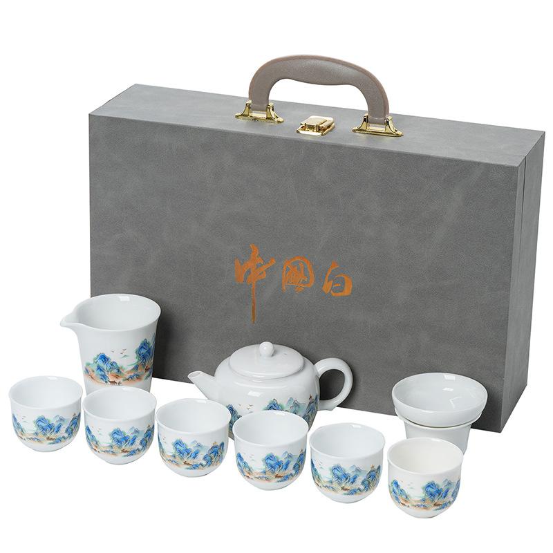 National style landscape white porcelain tea set, a pot of six cups gift box for gifts, self-use tea brewer, light luxury business companion gifts