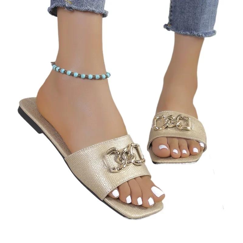 Fashion 2024 Hot Sale Shoes for Women Summer Women's Slippers Square Toe Solid Metal Decoration Open Toe Large Size Beach Slippers Women