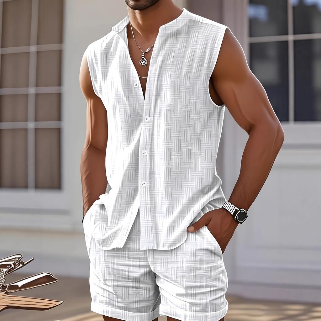 Men's Summer Vest Shirt Casual Loose Sleeveless Solid Color Shorts Beach Suit