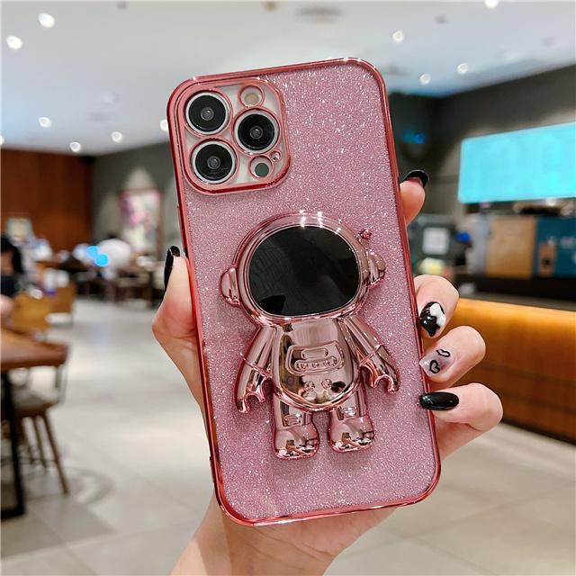 Fashion Glitter Astronaut Foot Stand Phone Case For iPhone 16 15 14 13 11 Pro XR Xs Max 12 Mini Plating Holder Cover On 7 8 Plus