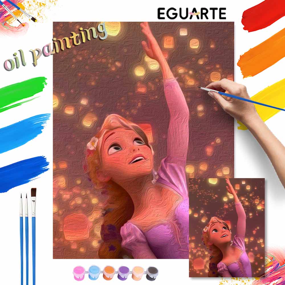 Disney Rapunzel oil painting drawing art lantern scene handmade diy painting home decoration gift
