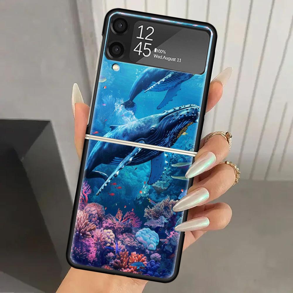 Humpback Whale Sea Giant Hard PC Phone Case For Samsung Galaxy Z Flip 7 6 5 4 3 Black ZFlip7 ZFlip6 Flip5 Flip4 Flip3 5G Print C