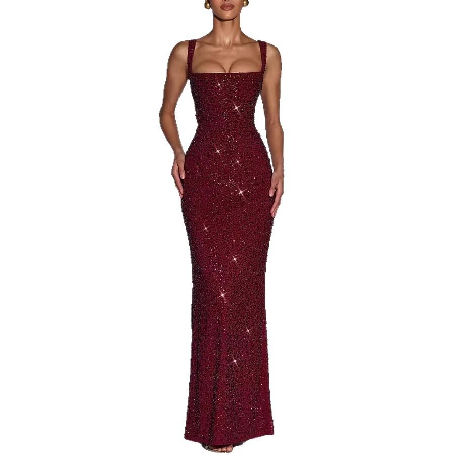 Damen Quadratischer Ausschnitt Pailletten Maxikleid Ärmellos Bodycon Glitzer Funkelnd Abendparty Kleid