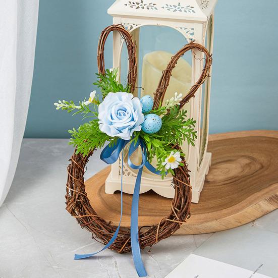 Easter Bunny Wreath with Faux Flowers Rattan Wall Door Hanging Decor for Spring Festival Indoor