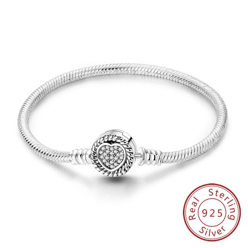 Armband Original 925 Sterling Silver Berlockarmband 17-20CM Kärlekshjärta Pave Zirkonia Armband för Kvinnor DIY Berlock Smycken Gåvor