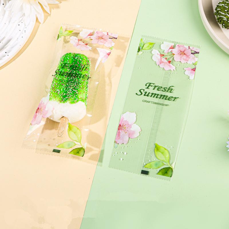 100Pcs Cherry Blossoms Printed Ice Cream Packaging Bag Heat Sealable Popsicle Plastic Wrappers For Homemade Ice Cream Yogurt