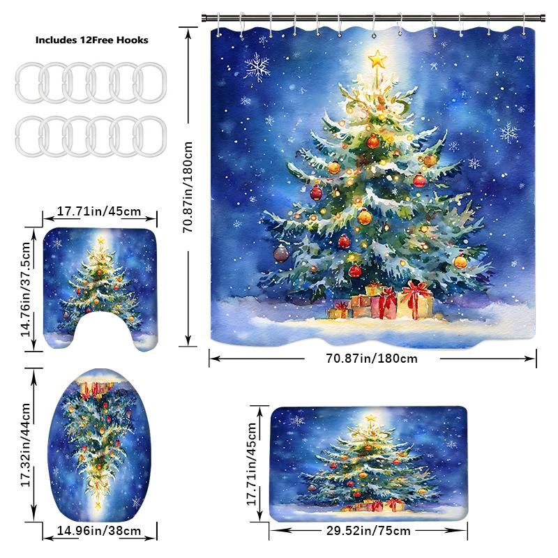 4PCS  Shower Curtain Sets With Shower Curtain And Rugs Toilet Lid Rug U Shape Mat And Bath Mat Bathroom Set  With 12 Hooks