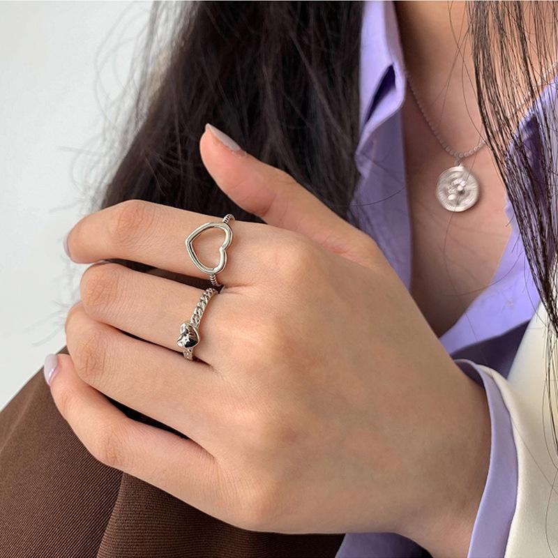 2 stk/sett koreansk hjerte stablering for kvinner Elegant sølv fingerringer tilbehør smykker