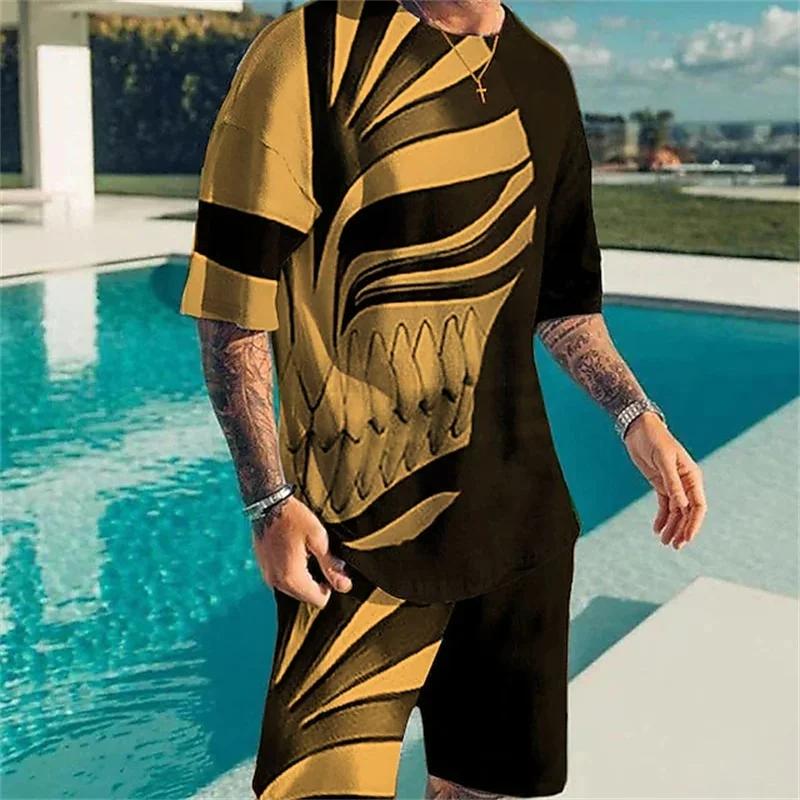 Men's T-Shirt Shorts Set Retro Skull Casual Fashion Pattern Stereoscopic 3D Print Short Sleeve Shorts Set Streetwear Summer New