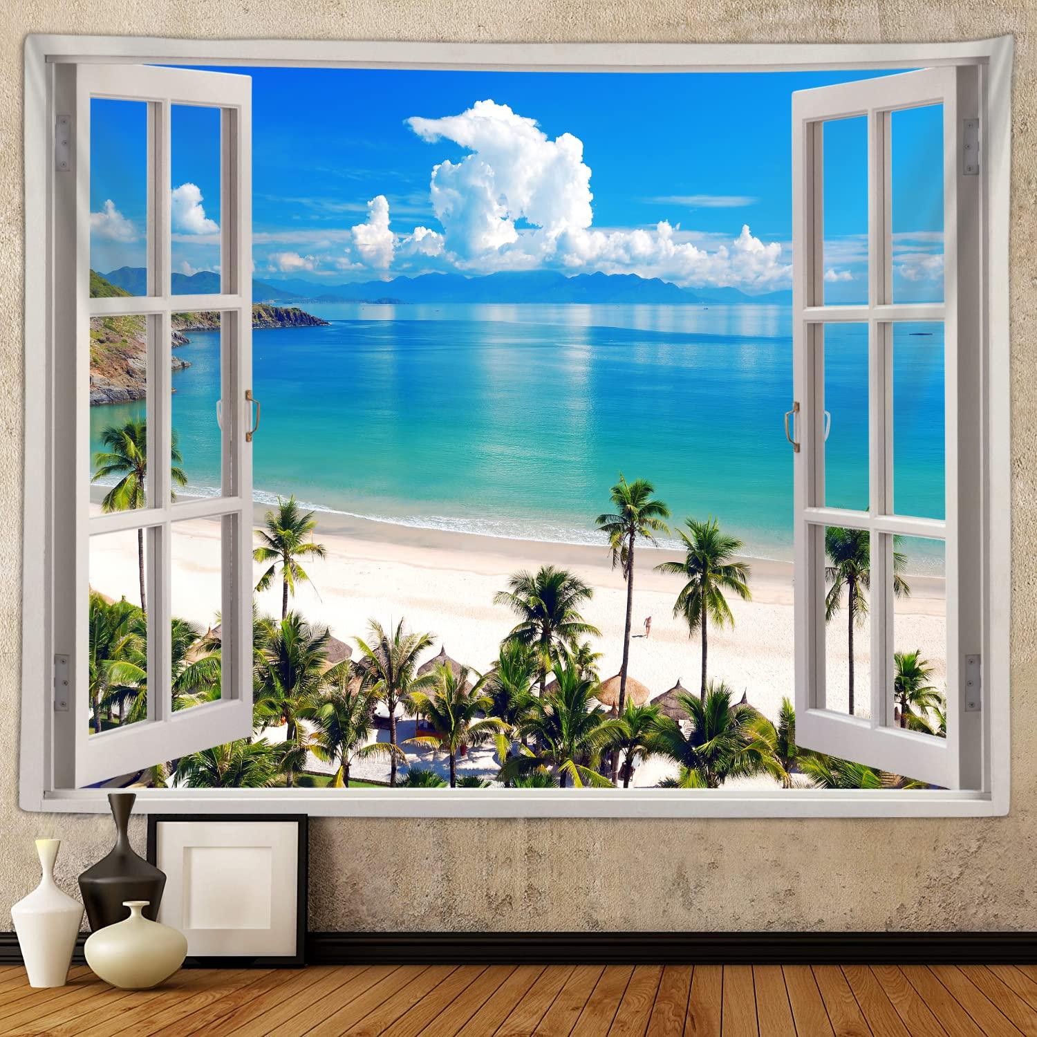 

VIKAMA Fake Window Tropical Beach Tapestry Coconut Tree Ocean View Wall Hanging for Living Room Bedroom Homestay Decor 74x94cm(29x37in)