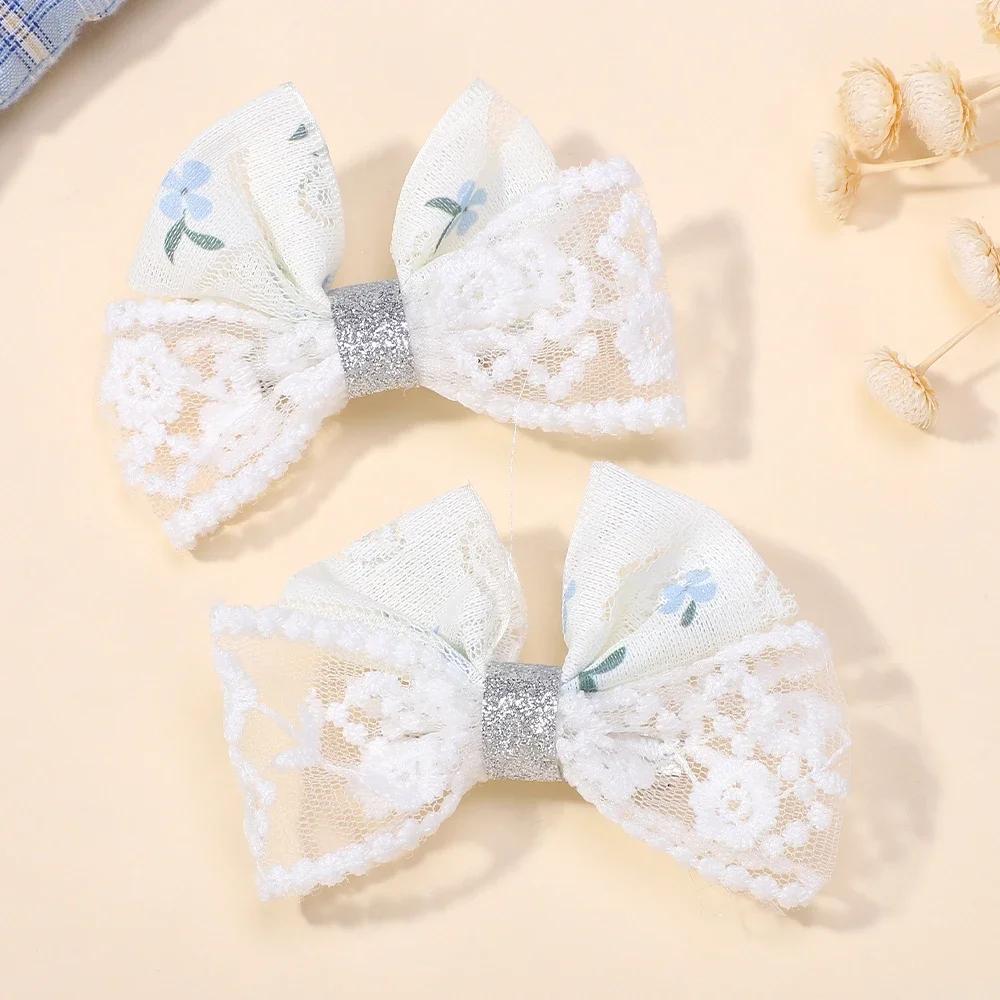 RAINBOW BOWS 2Pcs/lot Sweet Lace Bowknot Hair Clip for Kids Fashion Denim Blue Hairpin Hairgripes Girl Party Hair Accessories