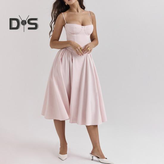 Damklänning Lågskuren spaghettirem Rygglös Ärmlös A-linje Big Swing Ren färg Smal midja Plisserad Cocktailparty Bal midiklänning