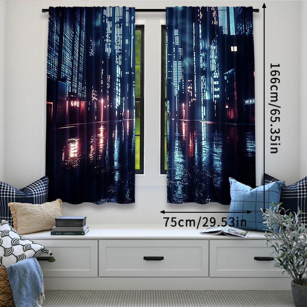 2Pcs City Backdrop Curtain Futureistic Night Cityscape Street Background Suitable For Living Room Bedroom And Many Other