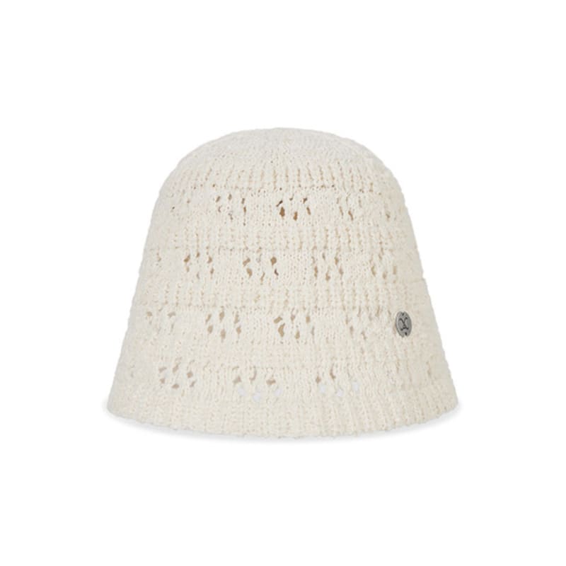 VARZAR VA Curved Oval Metal Floral Punching Knit Bucket Hat Cream
