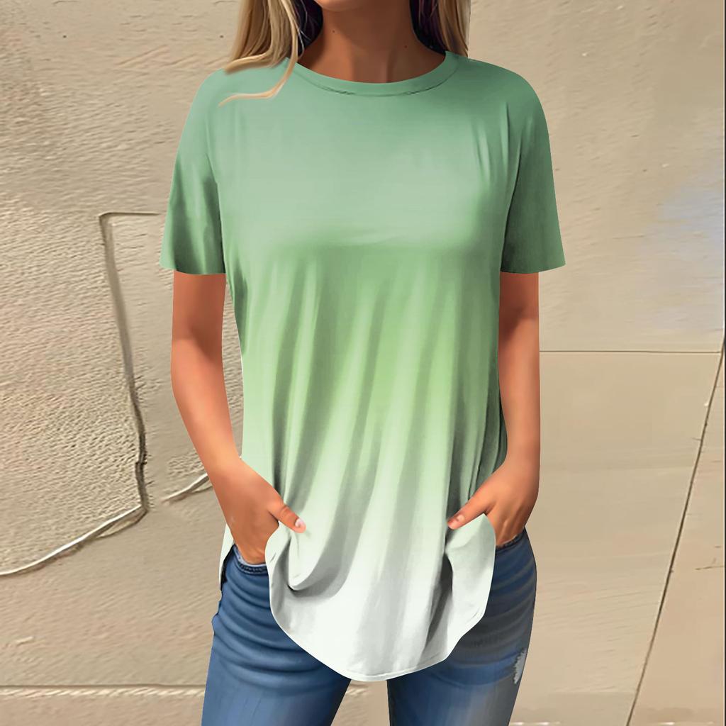 Women's Fashion Casual Round Neck Gradient Printed Short Sleeve Pullover T-Shirt Top