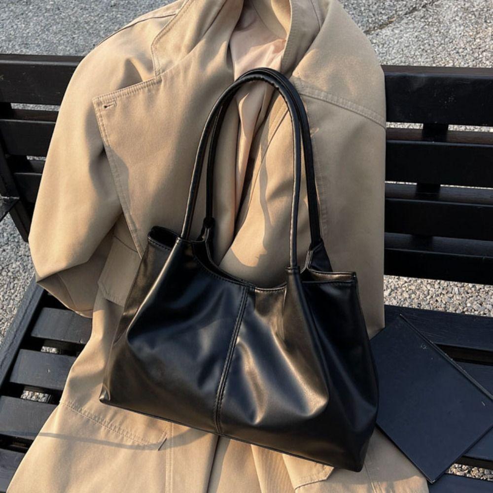 Casual Underarm Bag Large Capacity Solid Tote Bag Snap Button PU Leather Shoulder Bag  Outdoor
