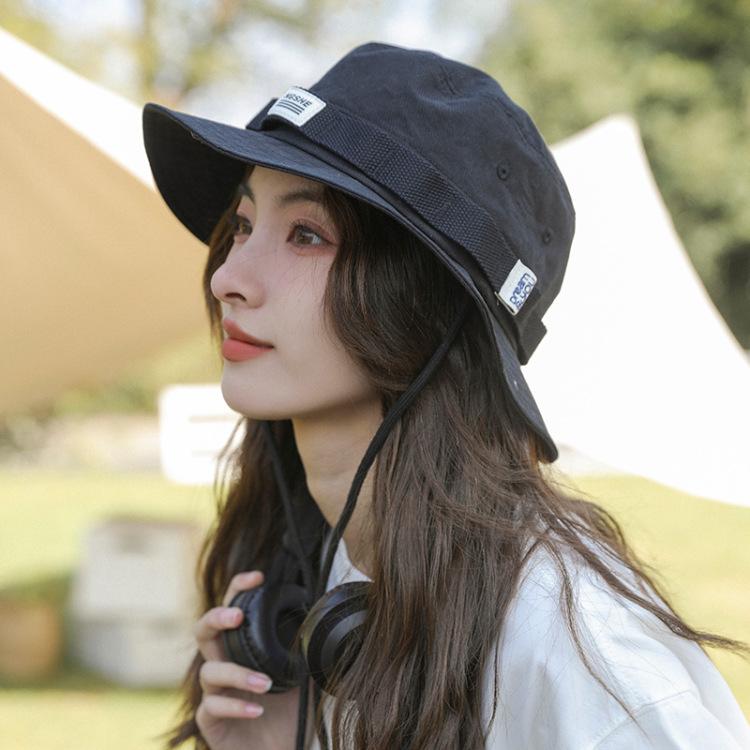 

Women s sunscreen bucket hat Outdoor hiking sun hat Foldable hat Lanyard sun hat чёрный
